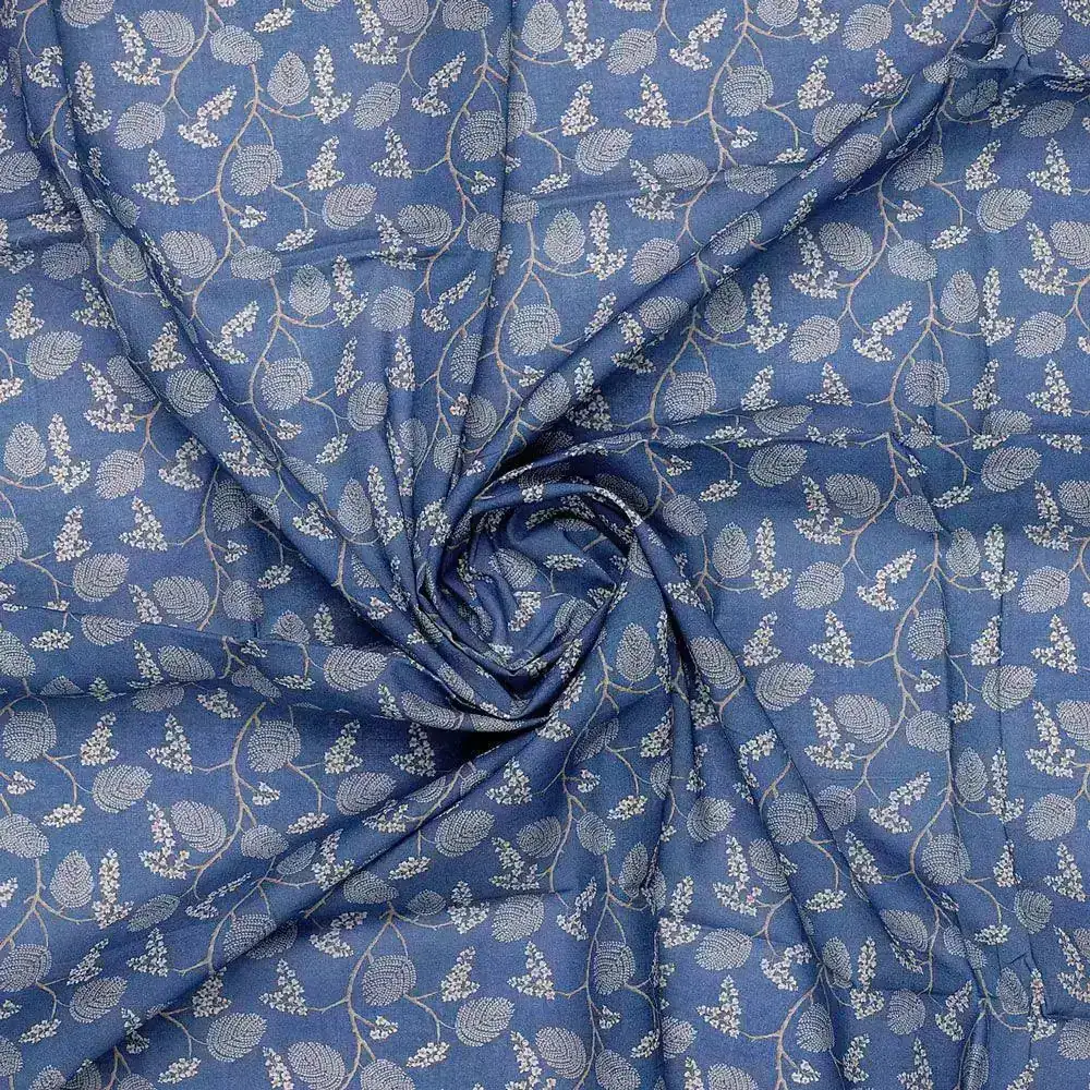 White Jasud Flower With Stalk Digital Printed Fabric - Pure Cotton - Image 3