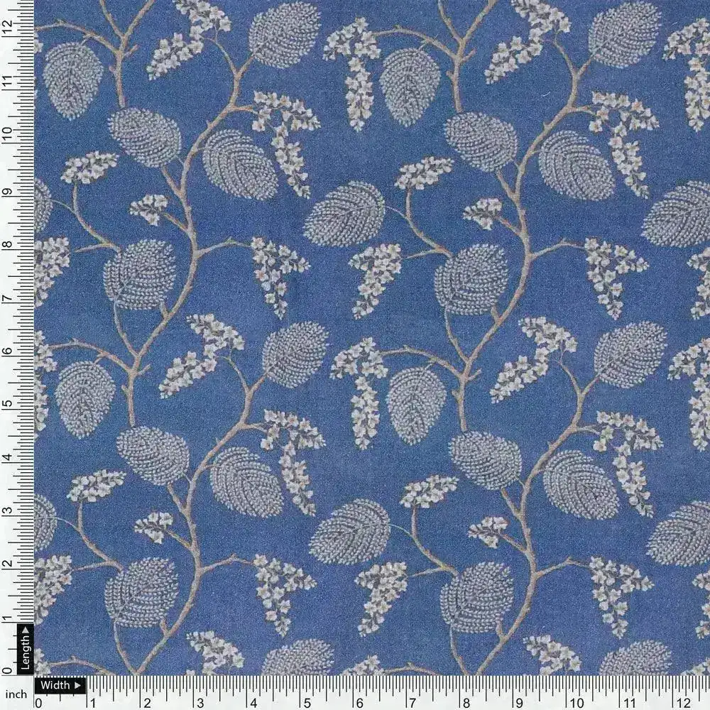 White Jasud Flower With Stalk Digital Printed Fabric - Pure Cotton - Image 4