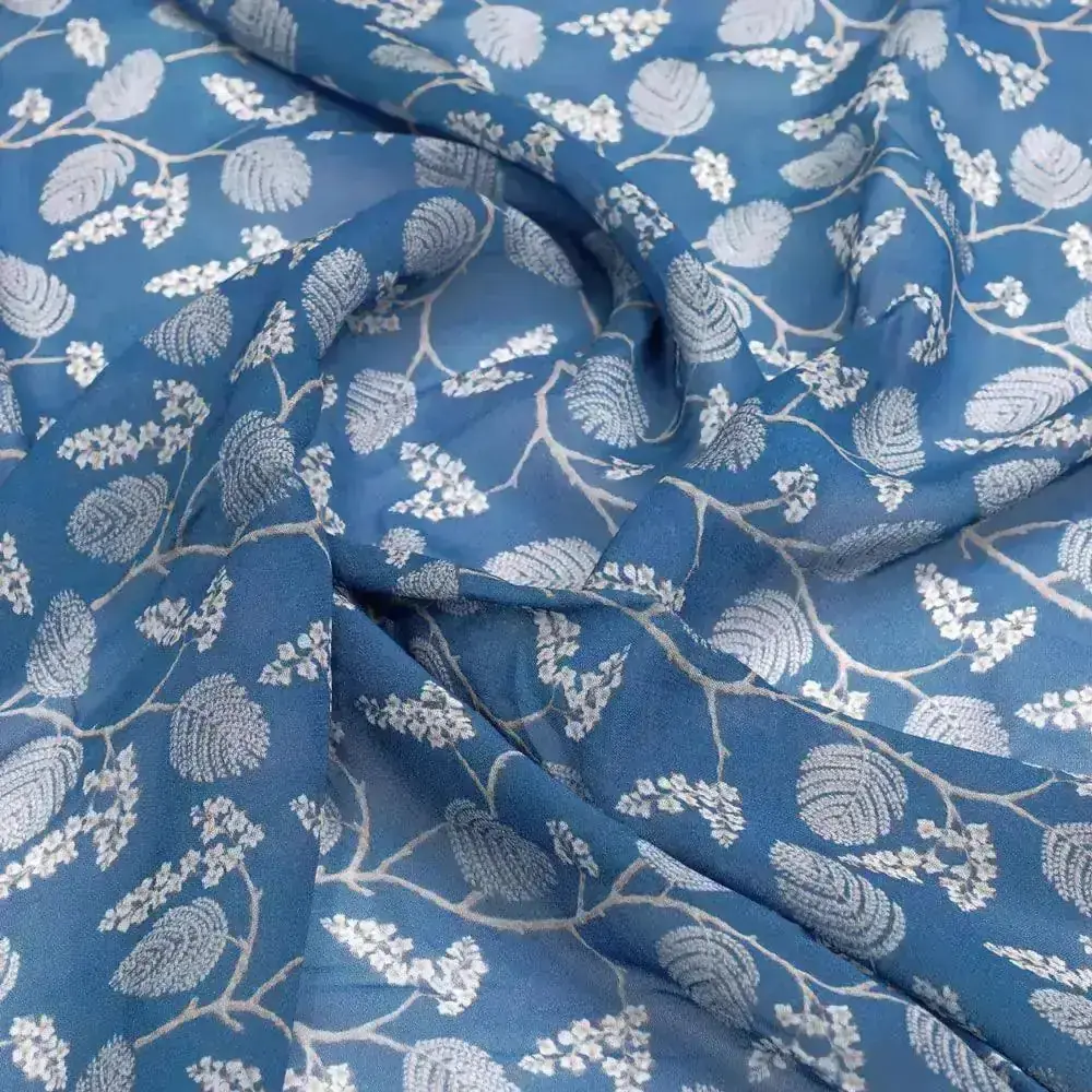 White Jasud Flower With Stalk Digital Printed Fabric - Pure Georgette - Image 3