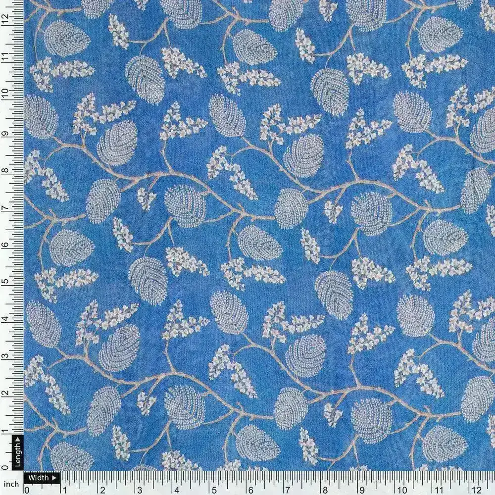 White Jasud Flower With Stalk Digital Printed Fabric - Pure Georgette - Image 4