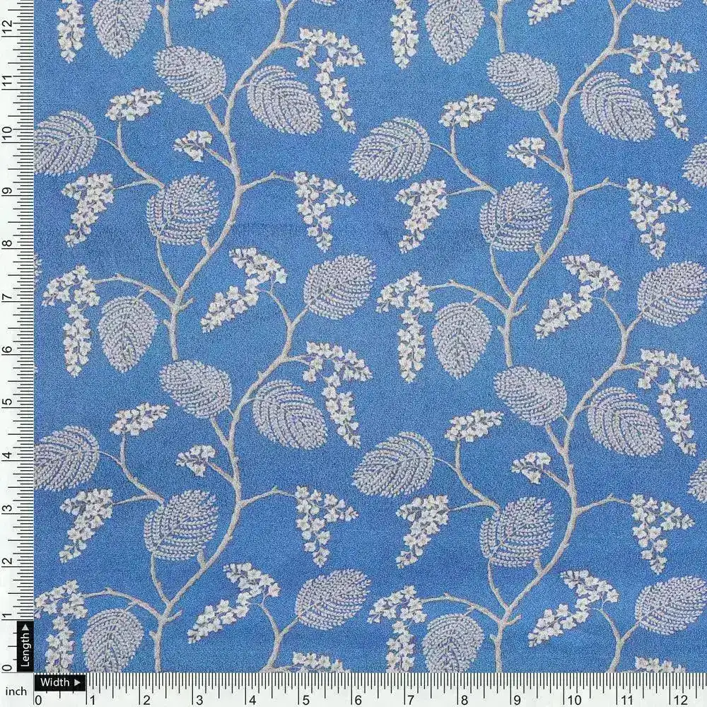 White Jasud Flower With Stalk Digital Printed Fabric - Crepe - Image 2
