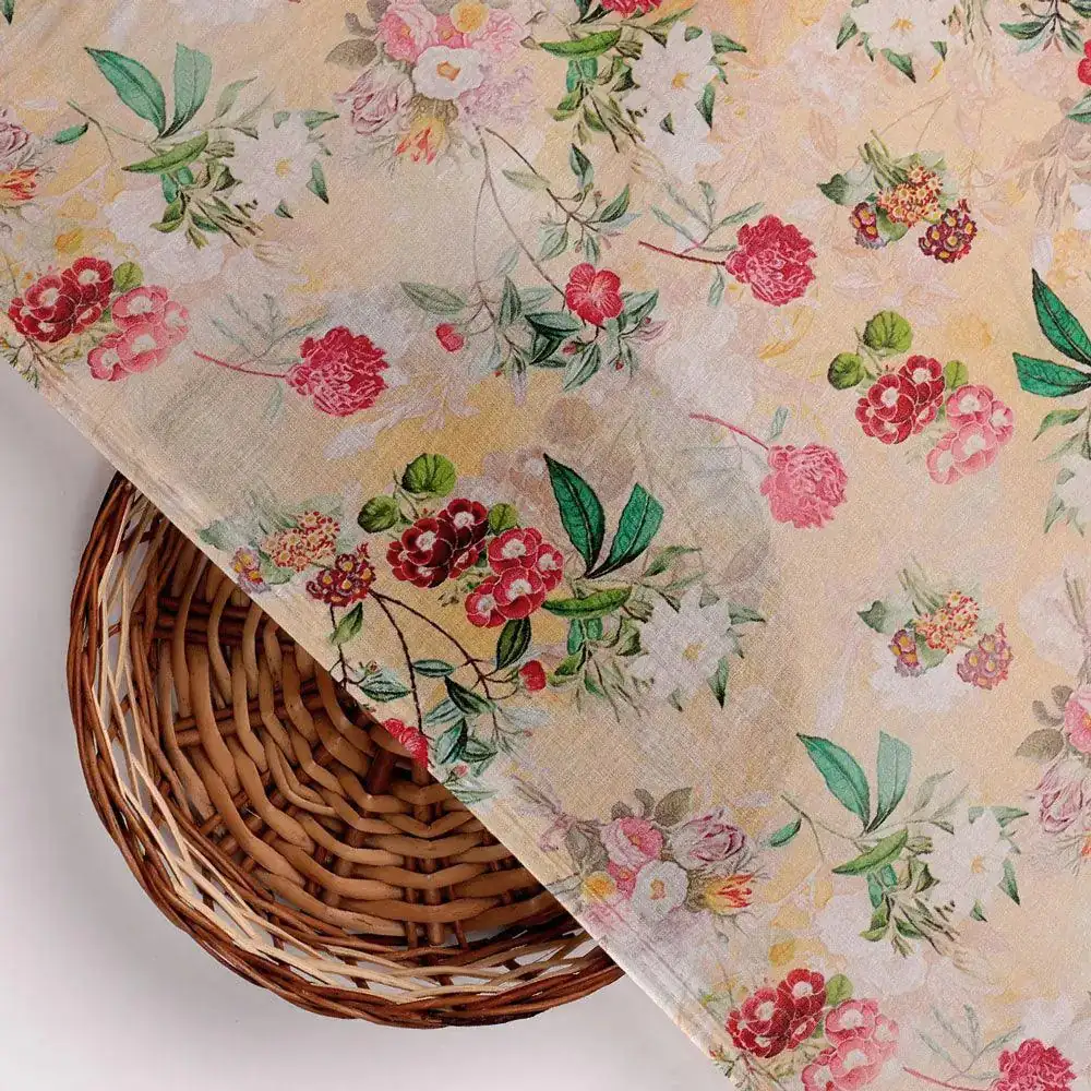 White Lily With Cherry Blossom Floral Flower Digital Printed Fabric - Pure Cotton - Image 2