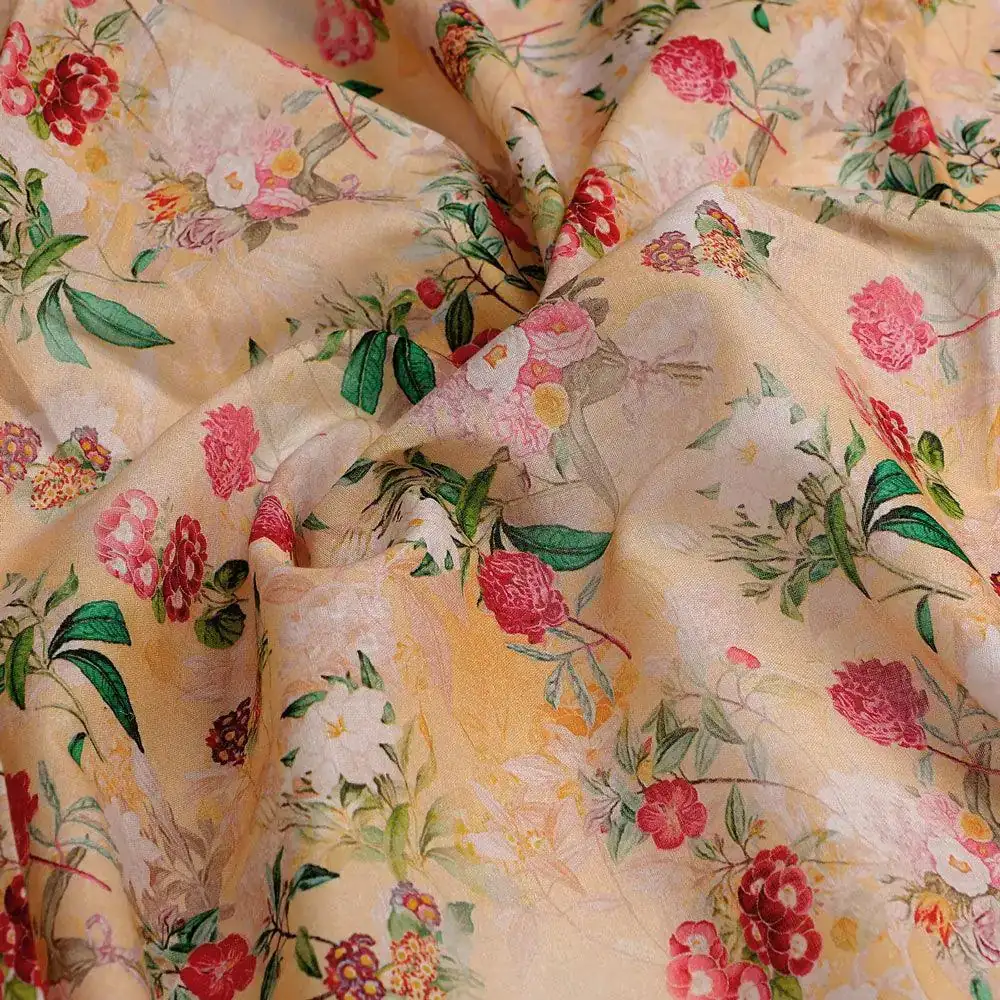 White Lily With Cherry Blossom Floral Flower Digital Printed Fabric - Pure Cotton - Image 3