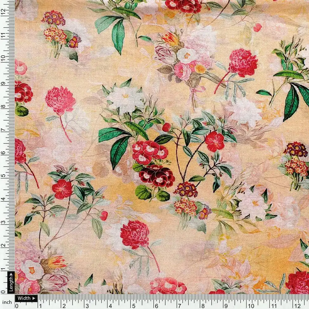 White Lily With Cherry Blossom Floral Flower Digital Printed Fabric - Pure Cotton - Image 4
