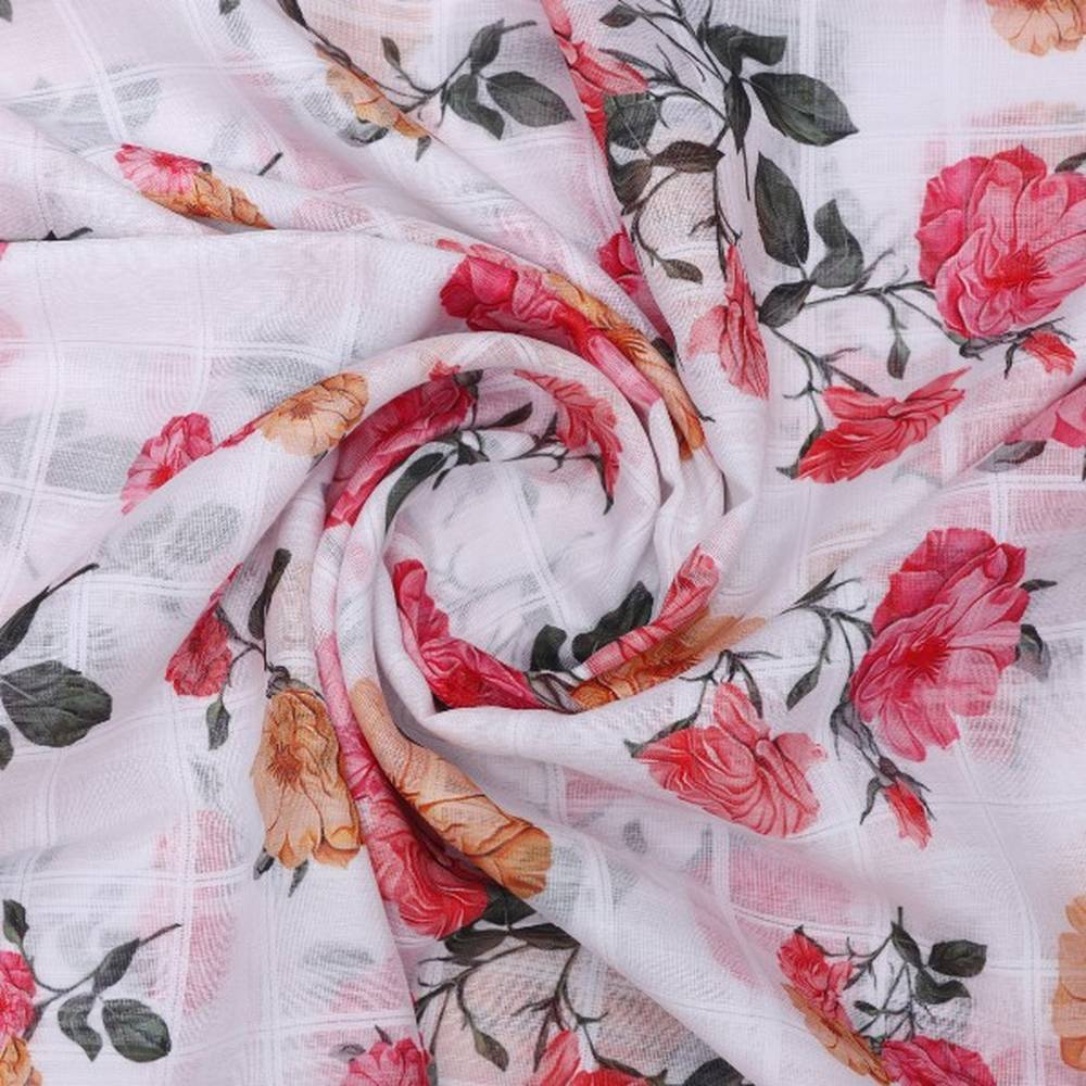 White Linen with Pink Rose Floral Print - Image 2