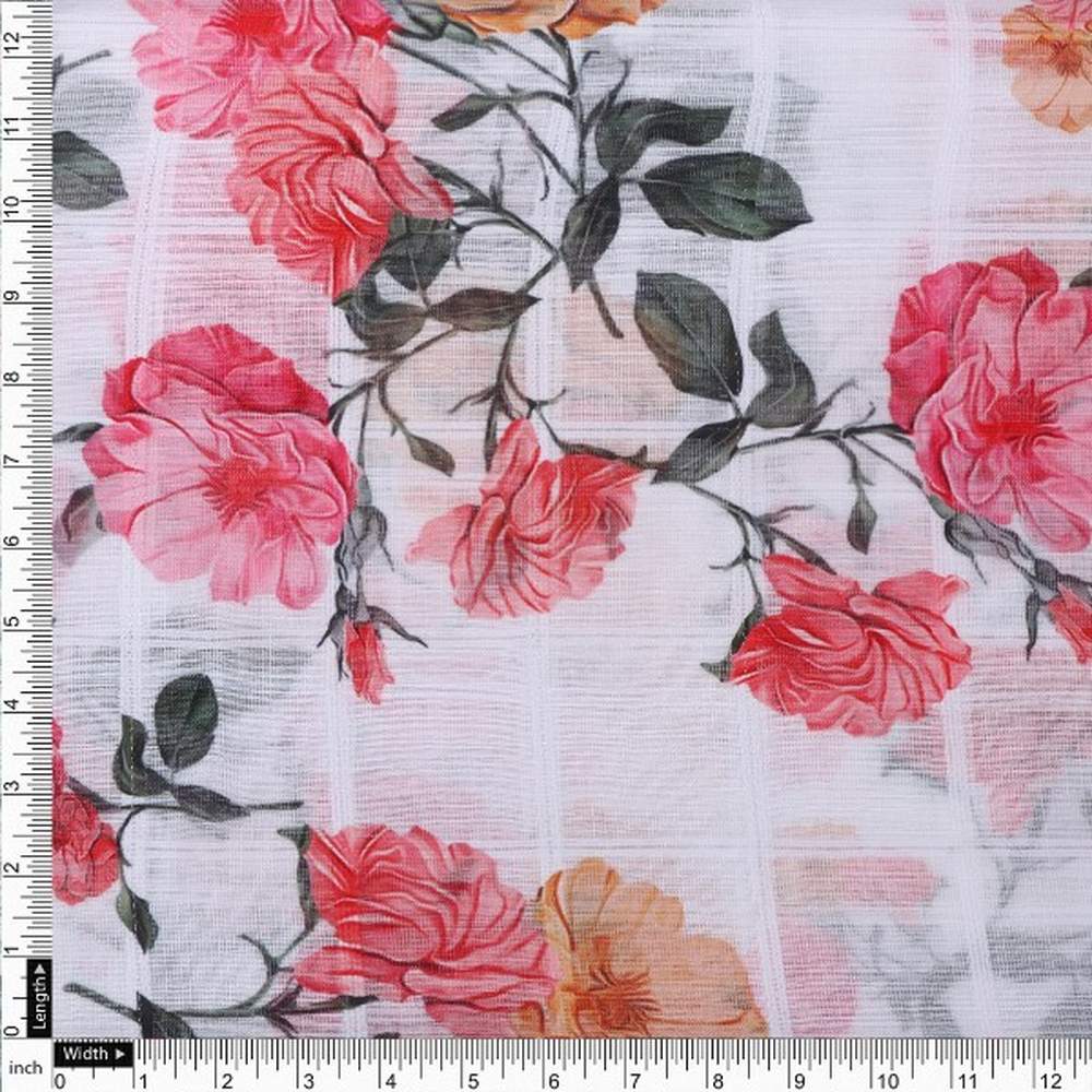 White Linen with Pink Rose Floral Print - Image 4