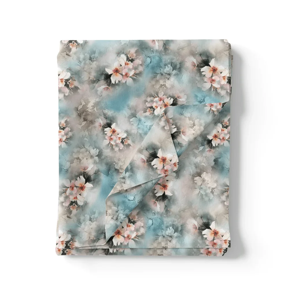 White Orchids Flower With Blue Background Digital Printed Fabric - Image 3