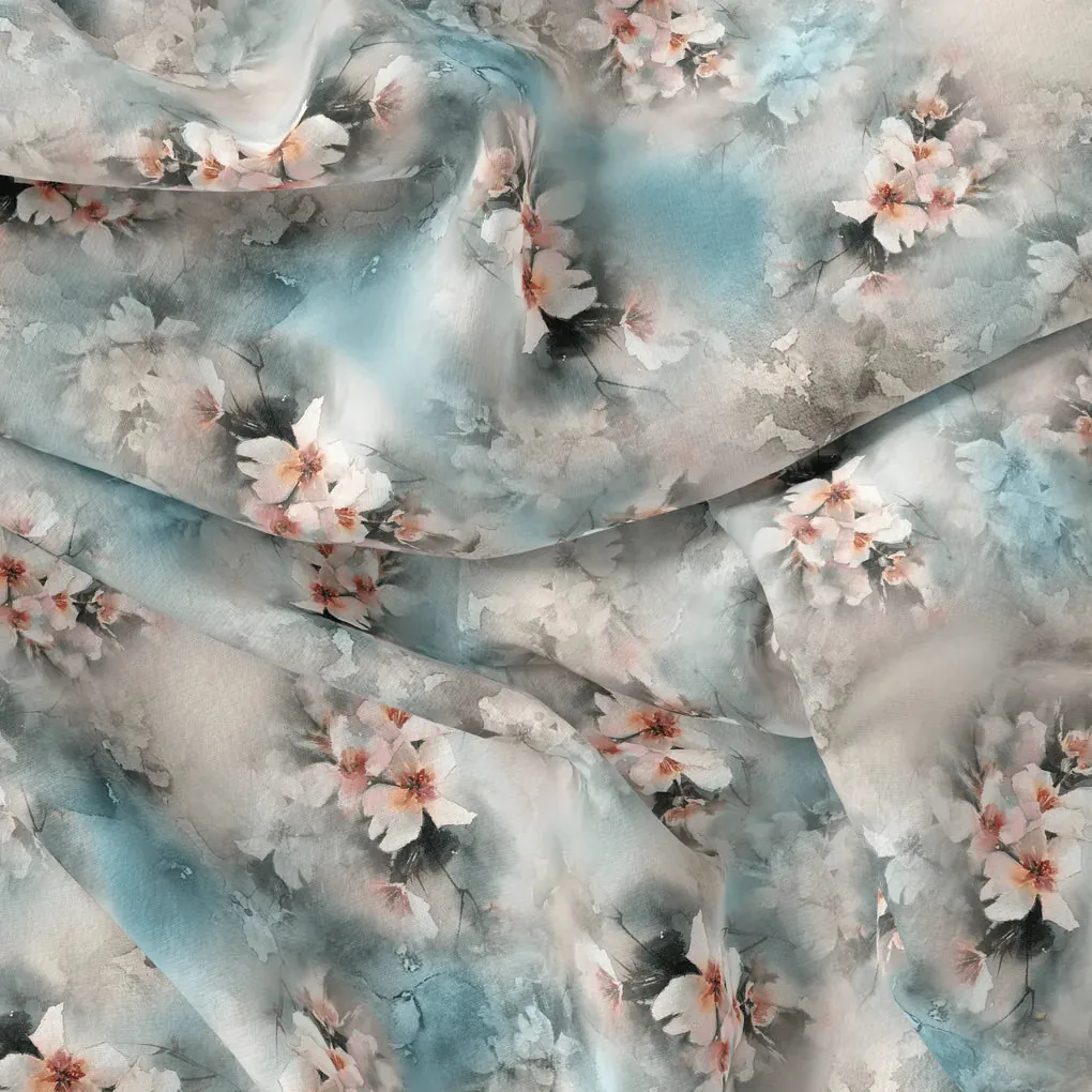 White Orchids Flower With Blue Background Digital Printed Fabric - Image 4