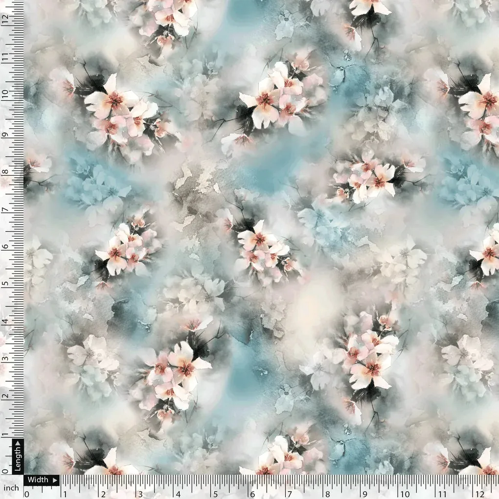White Orchids Flower With Blue Background Digital Printed Fabric - Image 5