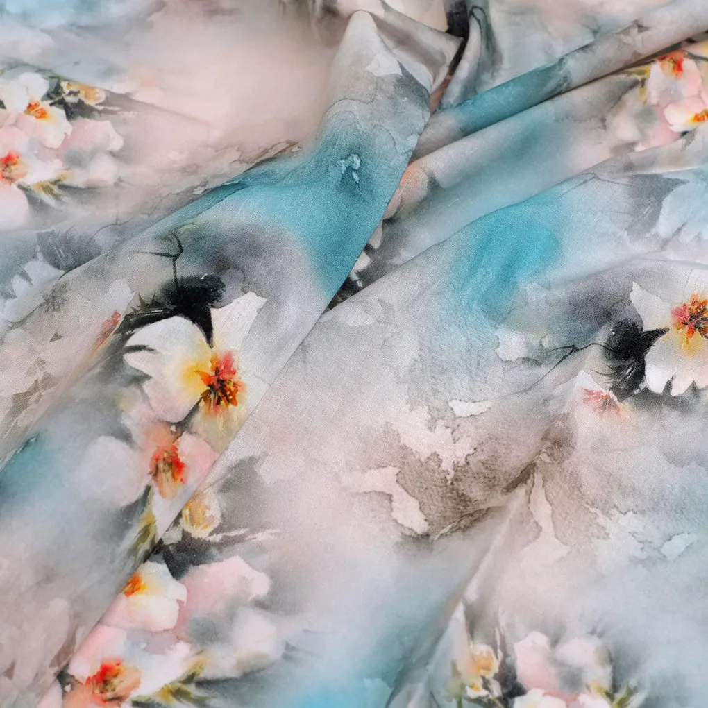 White Orchids Flower With Blue Background Digital Printed Fabric - Pure Cotton - Image 3