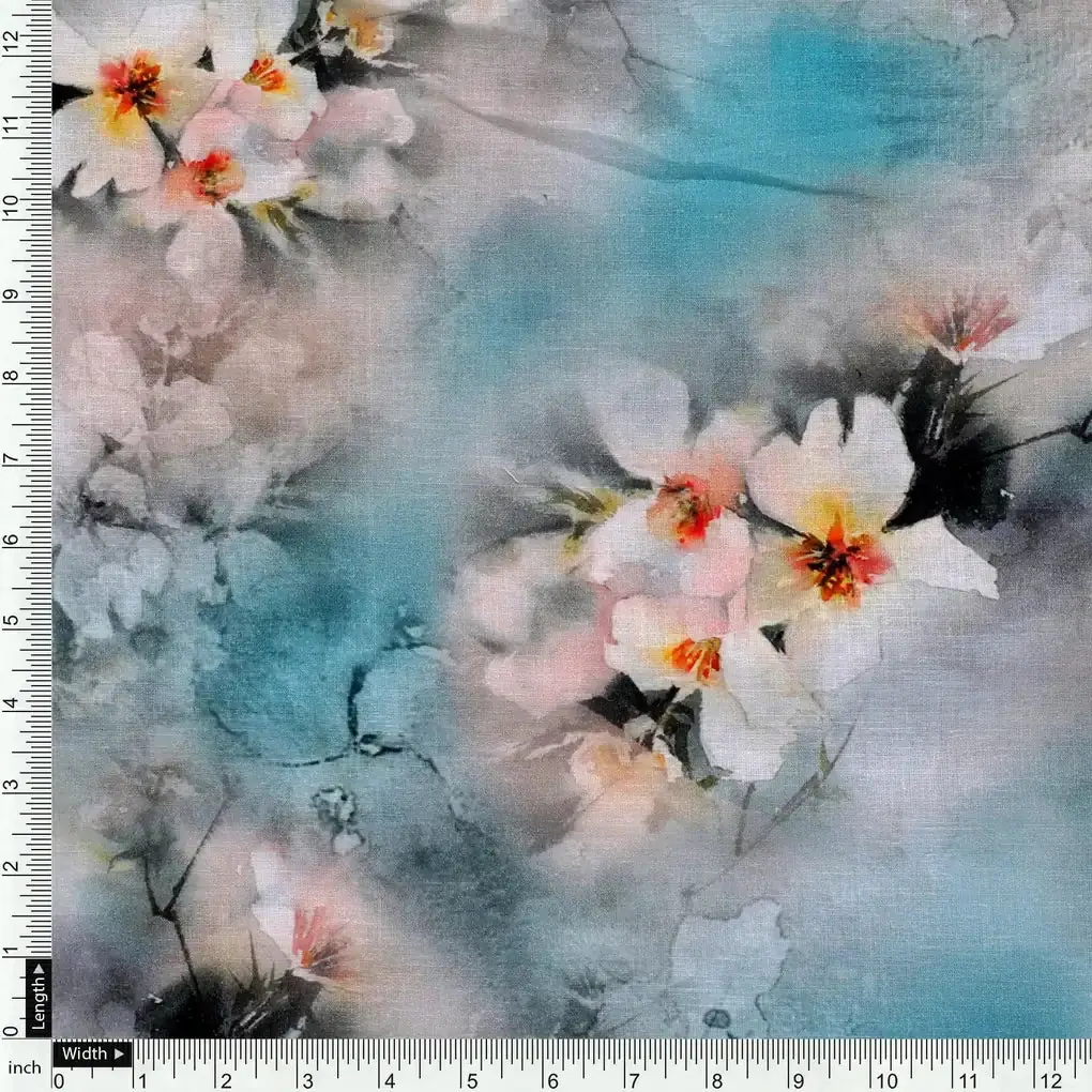 White Orchids Flower With Blue Background Digital Printed Fabric - Pure Cotton - Image 4