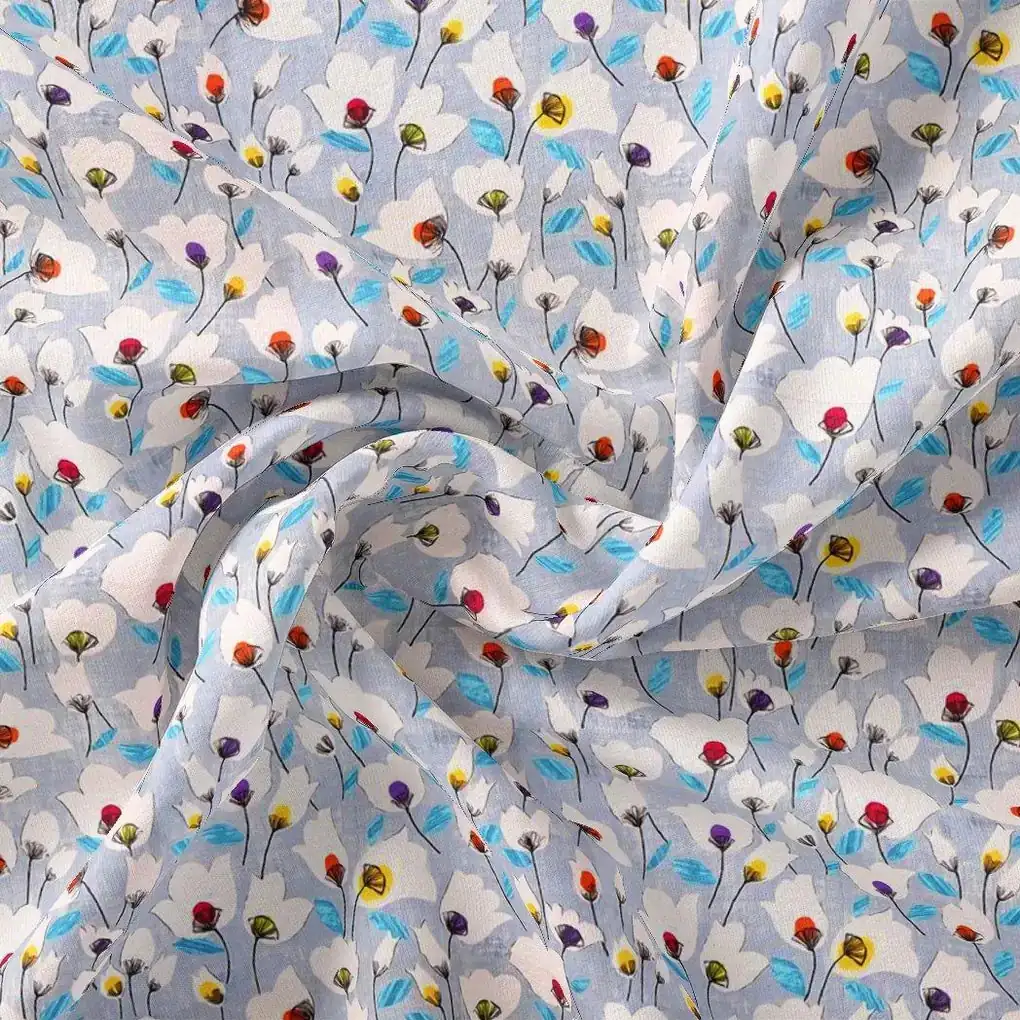 Winter White Flower Print Digital Printed Fabric  - Japan Satin - Image 3