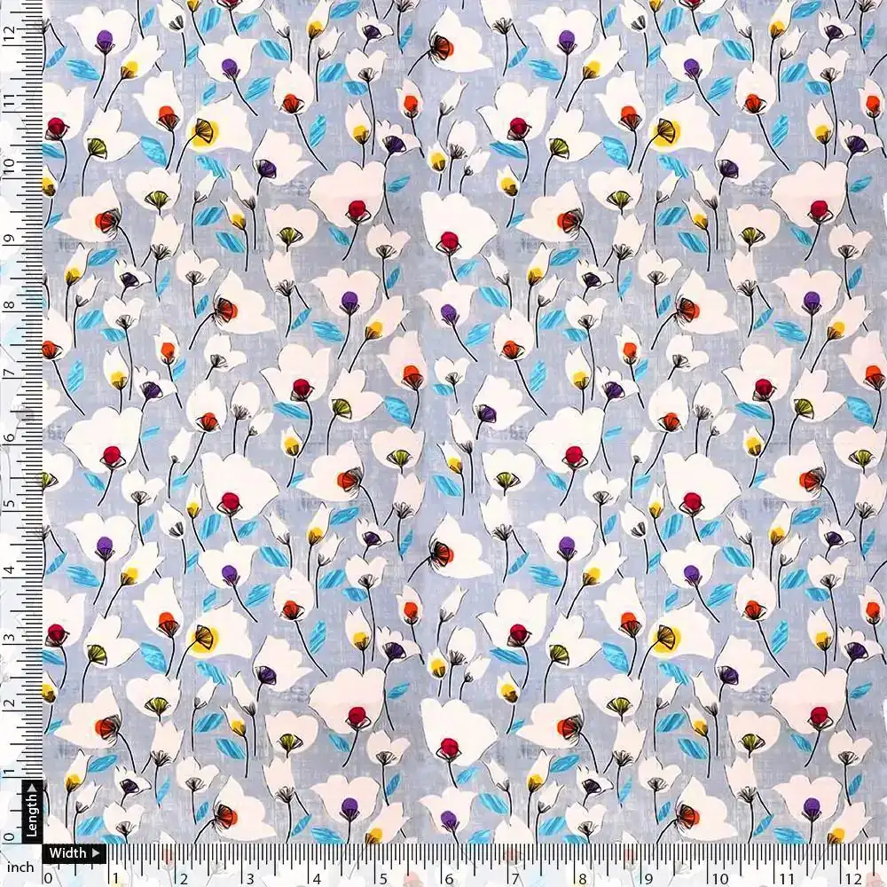 Winter White Flower Print Digital Printed Fabric  - Japan Satin - Image 4