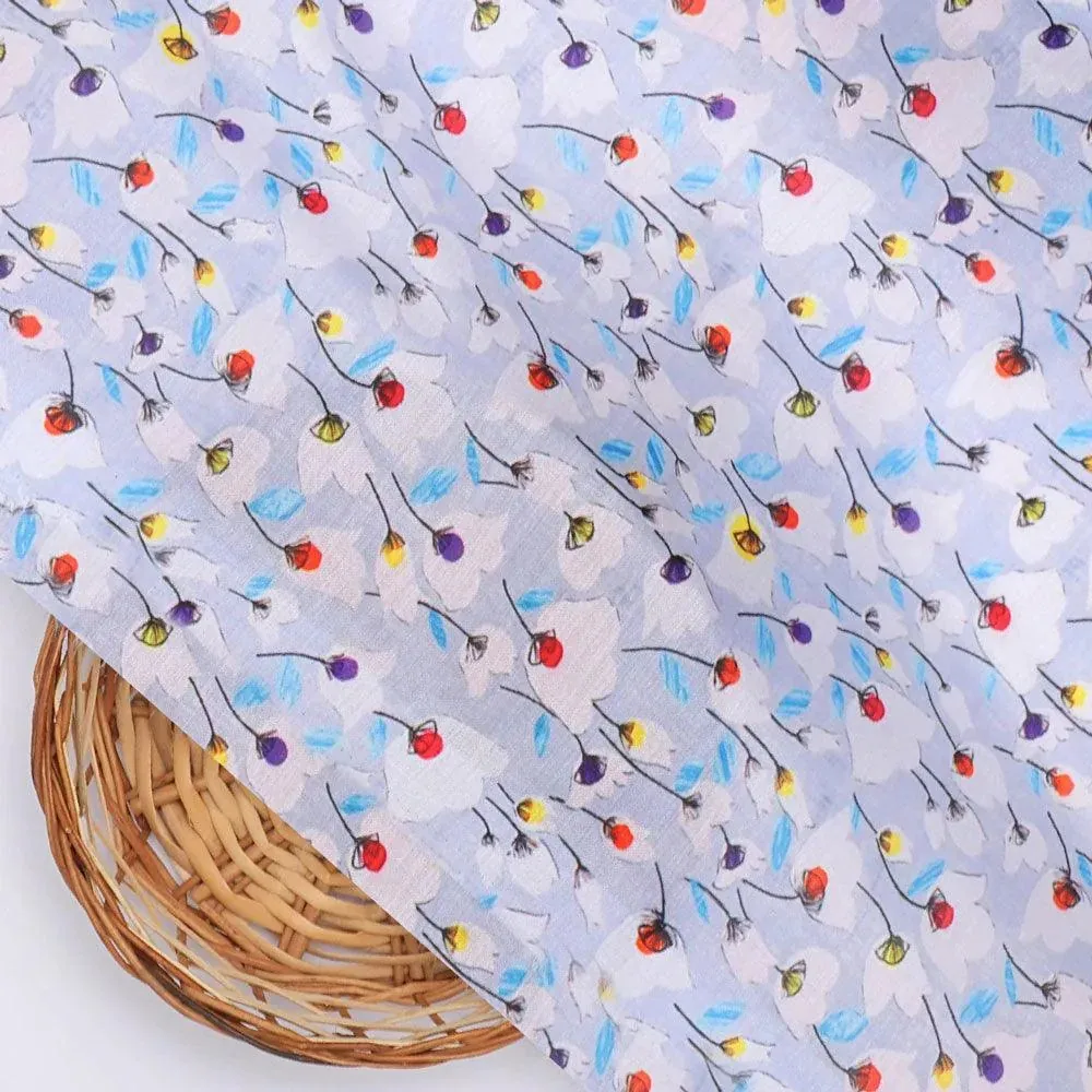 Winter White Flower Print Digital Printed Fabric  - Kora Silk - Image 2