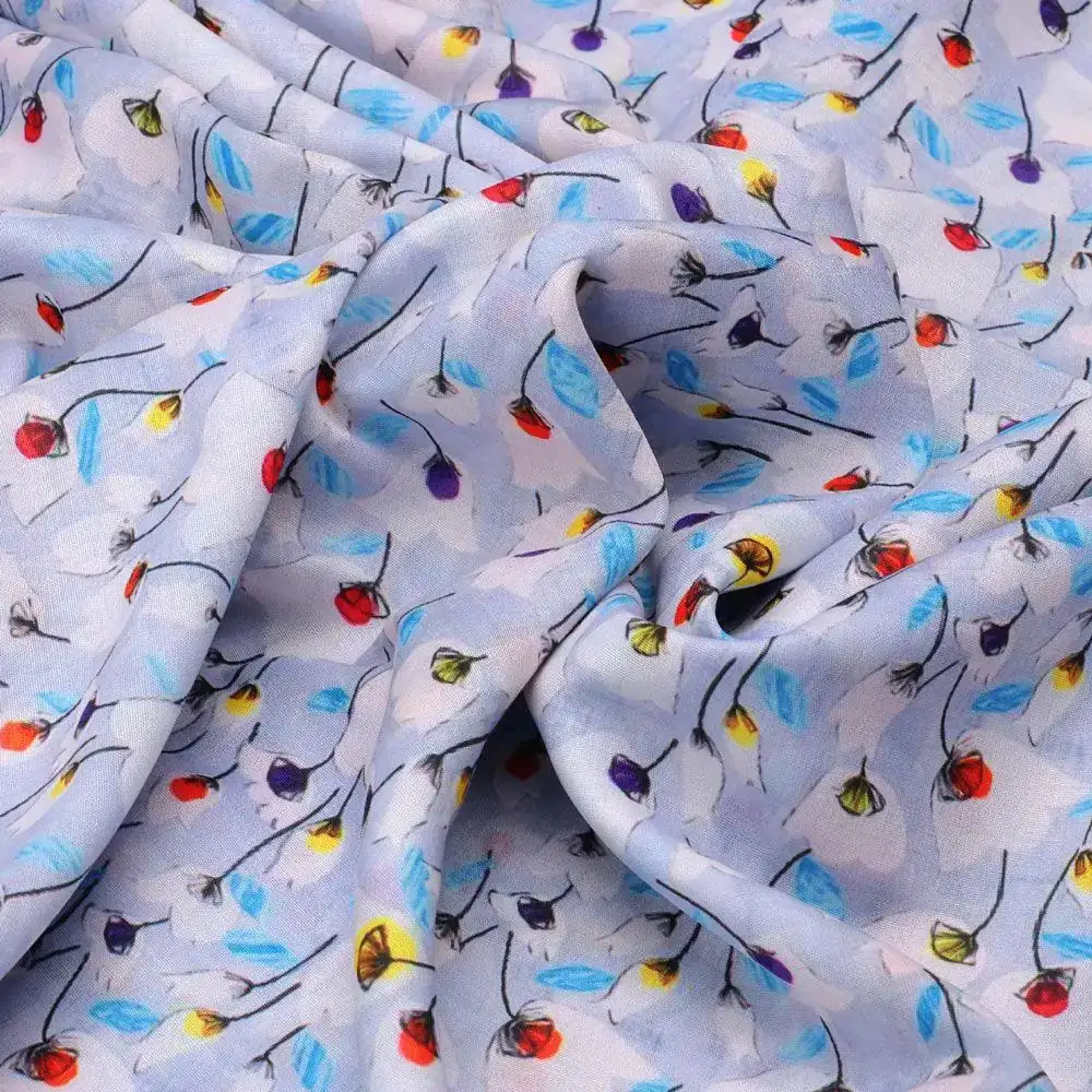 Winter White Flower Print Digital Printed Fabric  - Kora Silk - Image 3