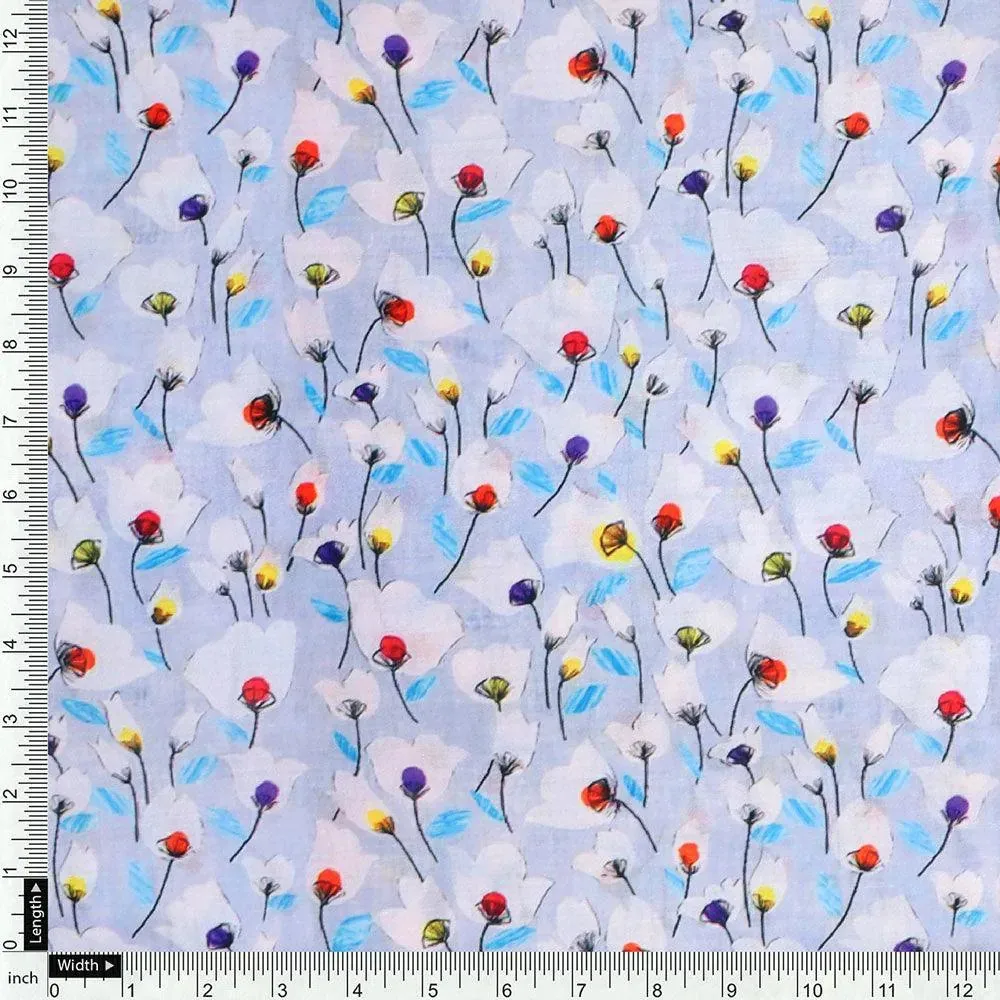 Winter White Flower Print Digital Printed Fabric  - Kora Silk - Image 4