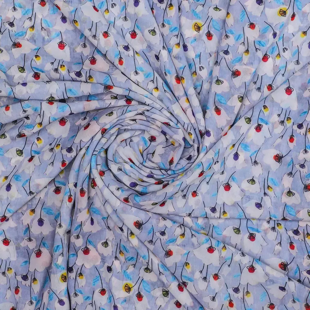 Winter White Flower Print Digital Printed Fabric  - Weightless - Image 2
