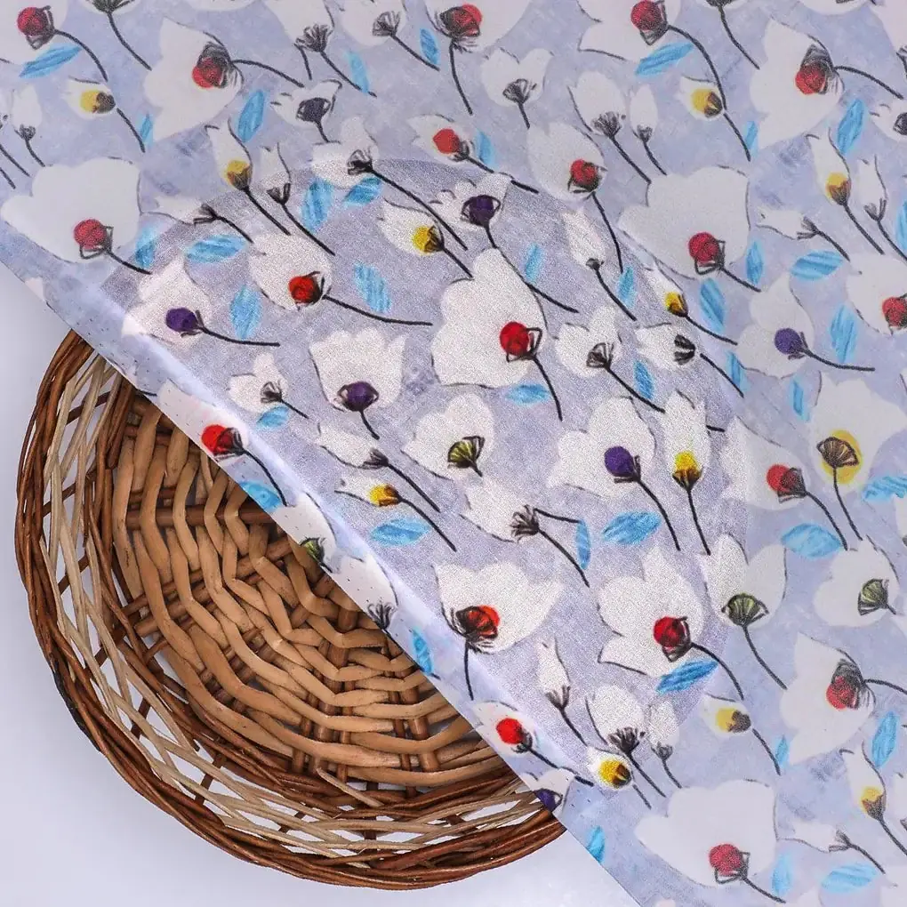 Winter White Flower Print Digital Printed Fabric  - Weightless - Image 3
