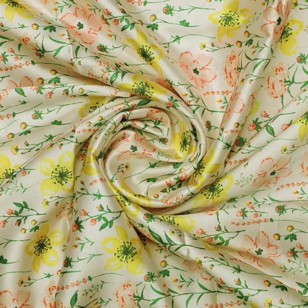 Yellow and Pink Floral Print on Japan Satin Fabric - Image 3
