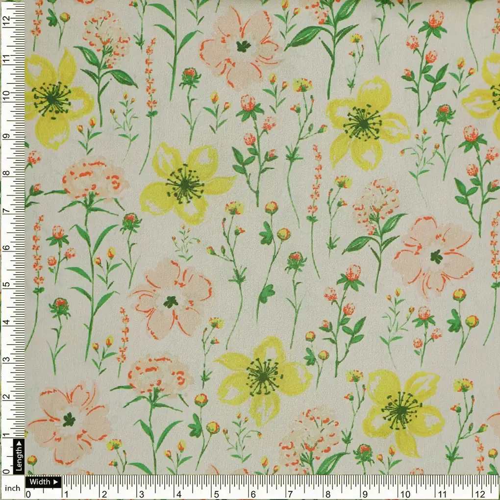 Yellow and Pink Floral Print on Japan Satin Fabric - Image 4
