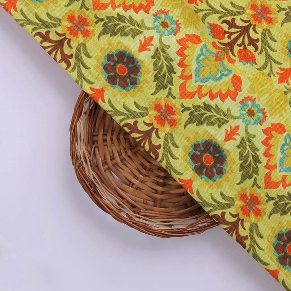 Yellow Damask Floral Patterned Viscose Rayon Fabric - Image 2