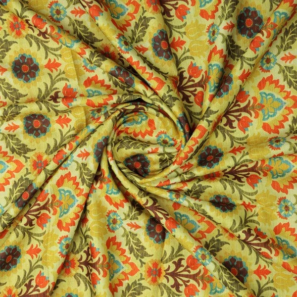 Yellow Damask Floral Patterned Viscose Rayon Fabric - Image 3