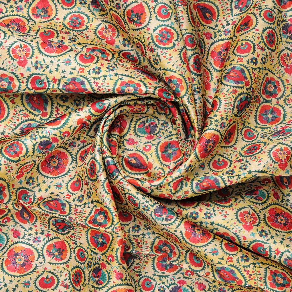 Yellow Dola Silk Ethnic Floral Printed Fabric for Dresses - Image 2