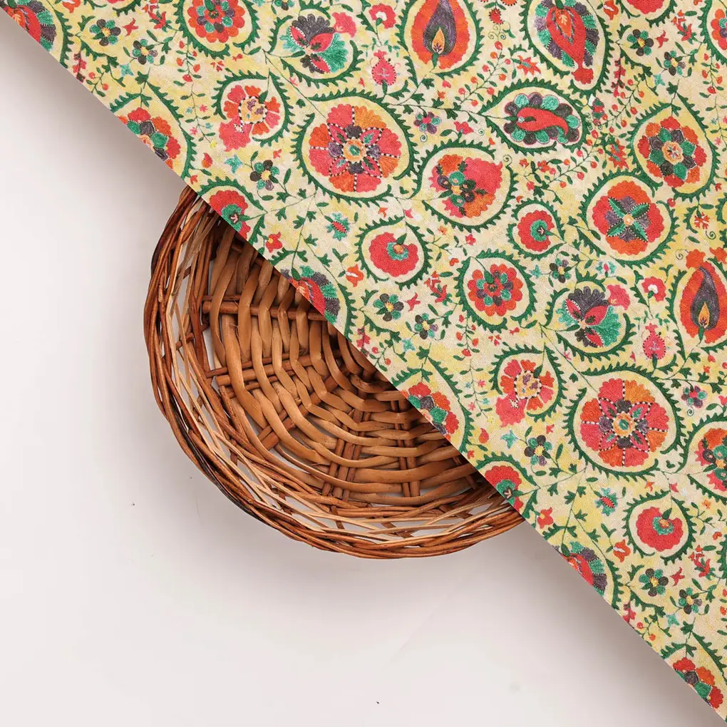Yellow Dola Silk Ethnic Floral Printed Fabric for Dresses - Image 3