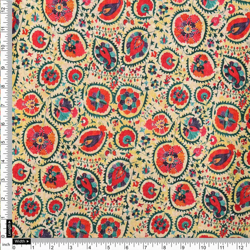 Yellow Dola Silk Ethnic Floral Printed Fabric for Dresses - Image 4