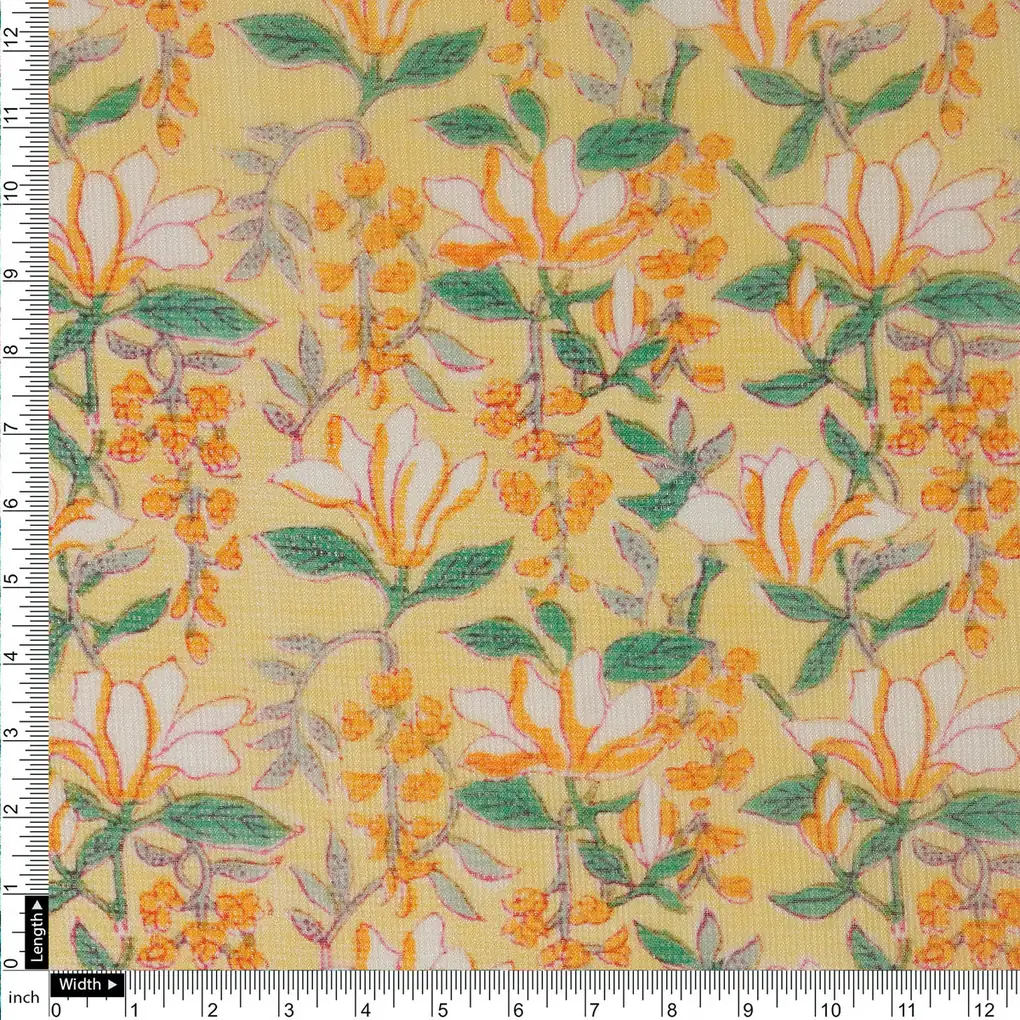 FAB VOGUE Studio Yellow Floral Digital Printed Kota Doria Fabric -  Polyester, 43 Inch - Image 4