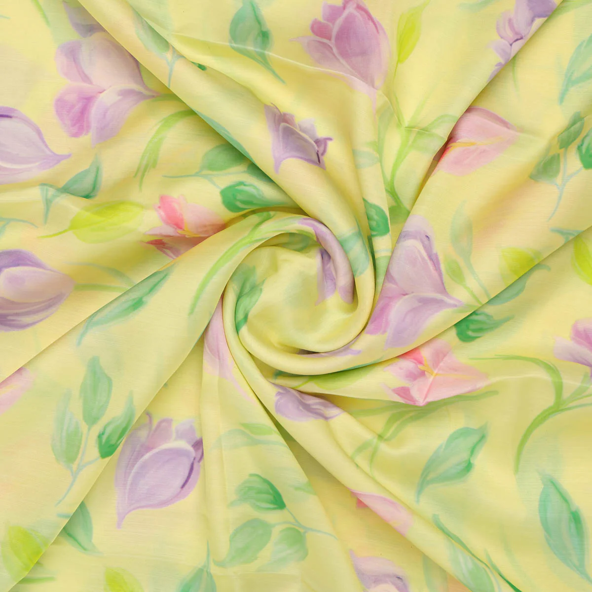 Yellow Floral Linen Satin Fabric - Image 2