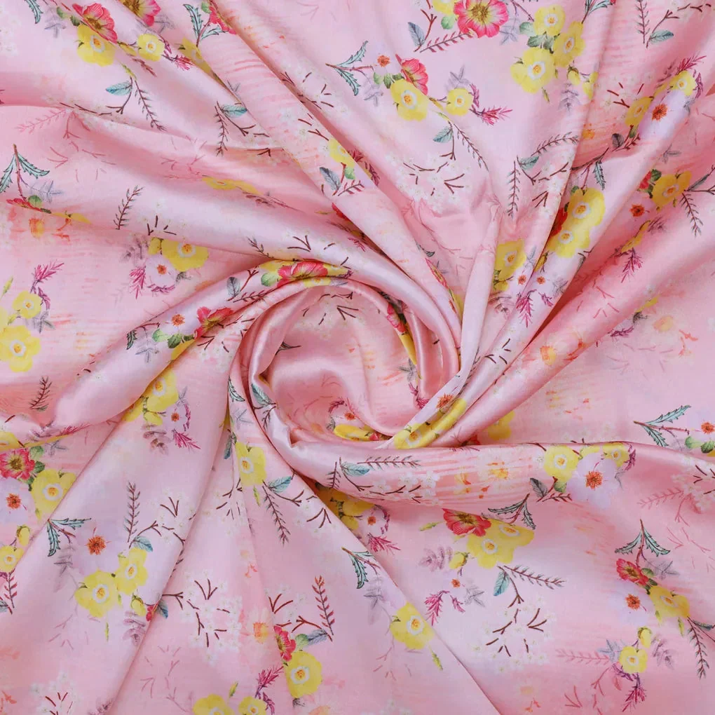 Yellow Floral Printed Japan Satin Fabric - Image 2