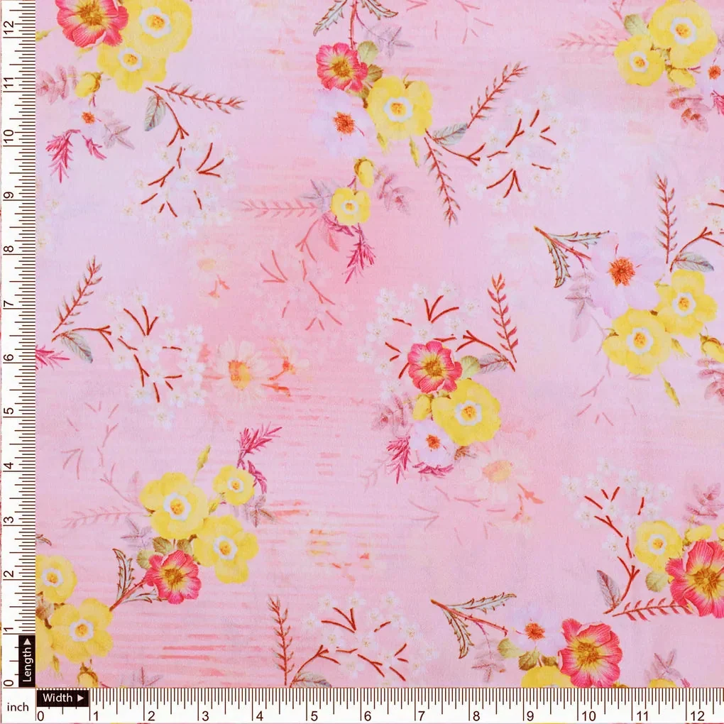 Yellow Floral Printed Japan Satin Fabric - Image 3