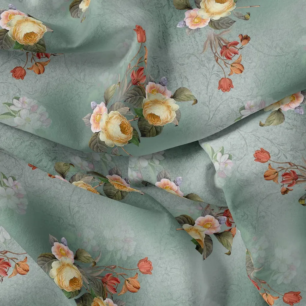Yellow Flower Repeat Digital Printed Fabric - Kora Silk - Image 3