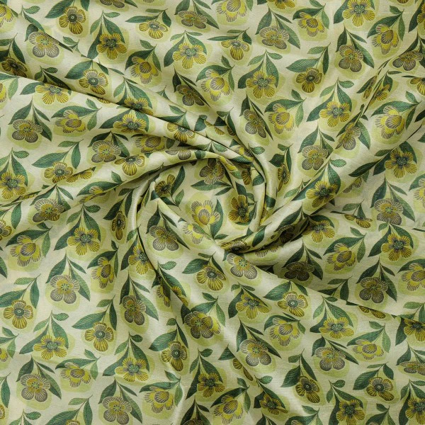 Yellow & Green Retro Floral Tusser Silk Fabric for Kurtis - Image 3