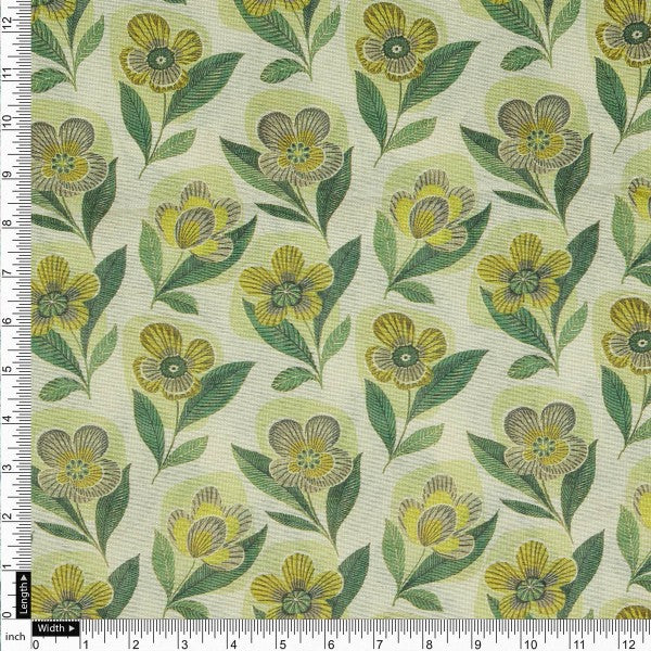 Yellow & Green Retro Floral Tusser Silk Fabric for Kurtis - Image 4