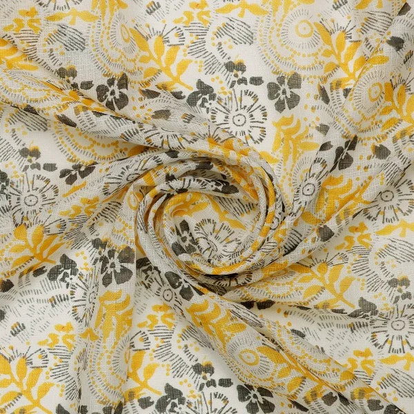 Yellow & Grey Bohemian Floral Print Kota Doria Fabric - Image 2