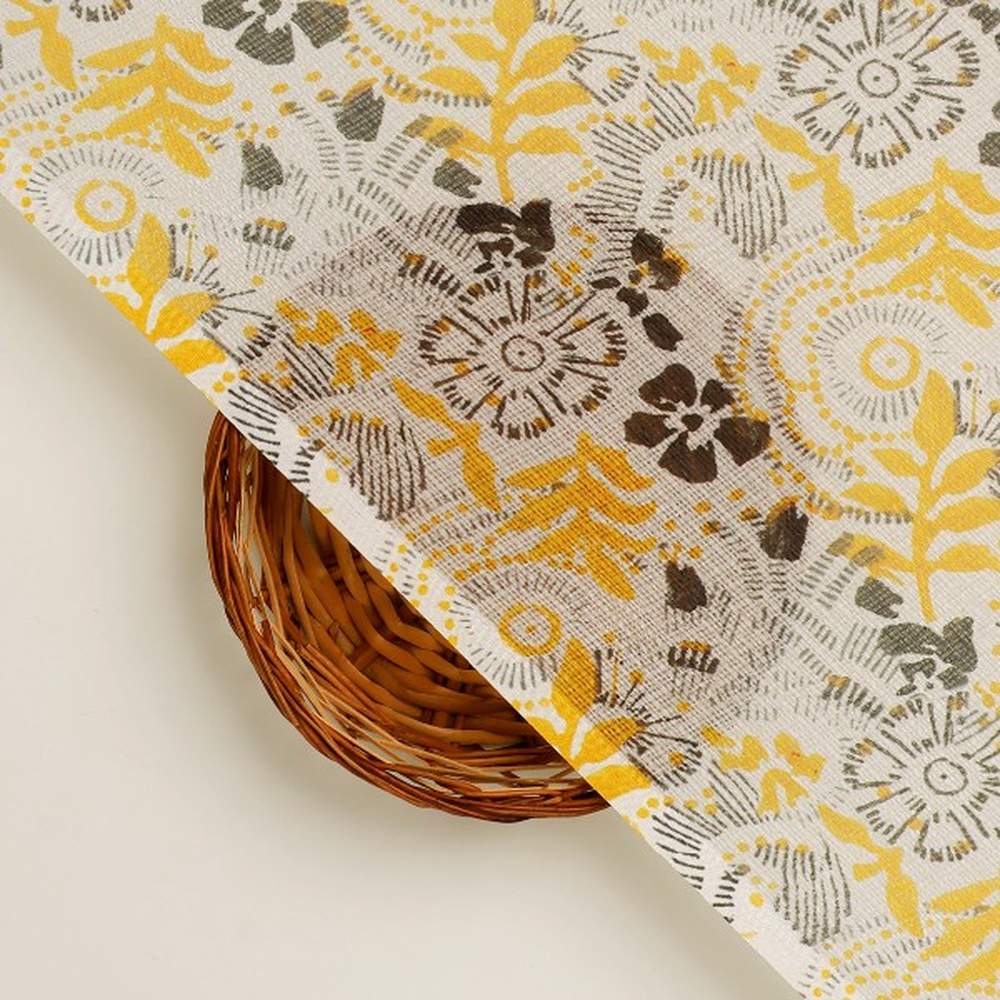 Yellow & Grey Bohemian Floral Print Kota Doria Fabric - Image 3