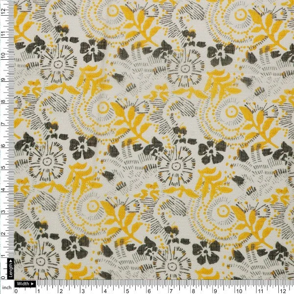 Yellow & Grey Bohemian Floral Print Kota Doria Fabric - Image 4
