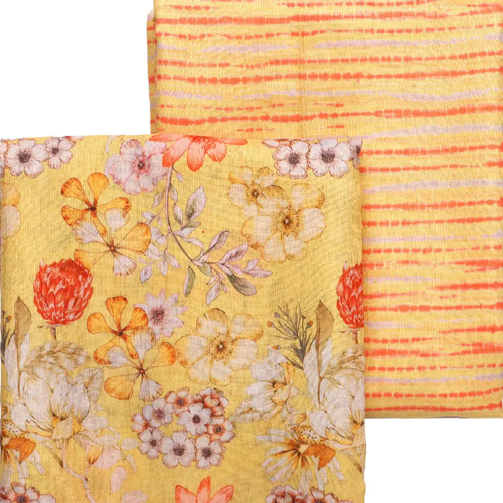 Yellow Linen Printed Unstitched Fabric Set (5 Meter Set) - Image 3