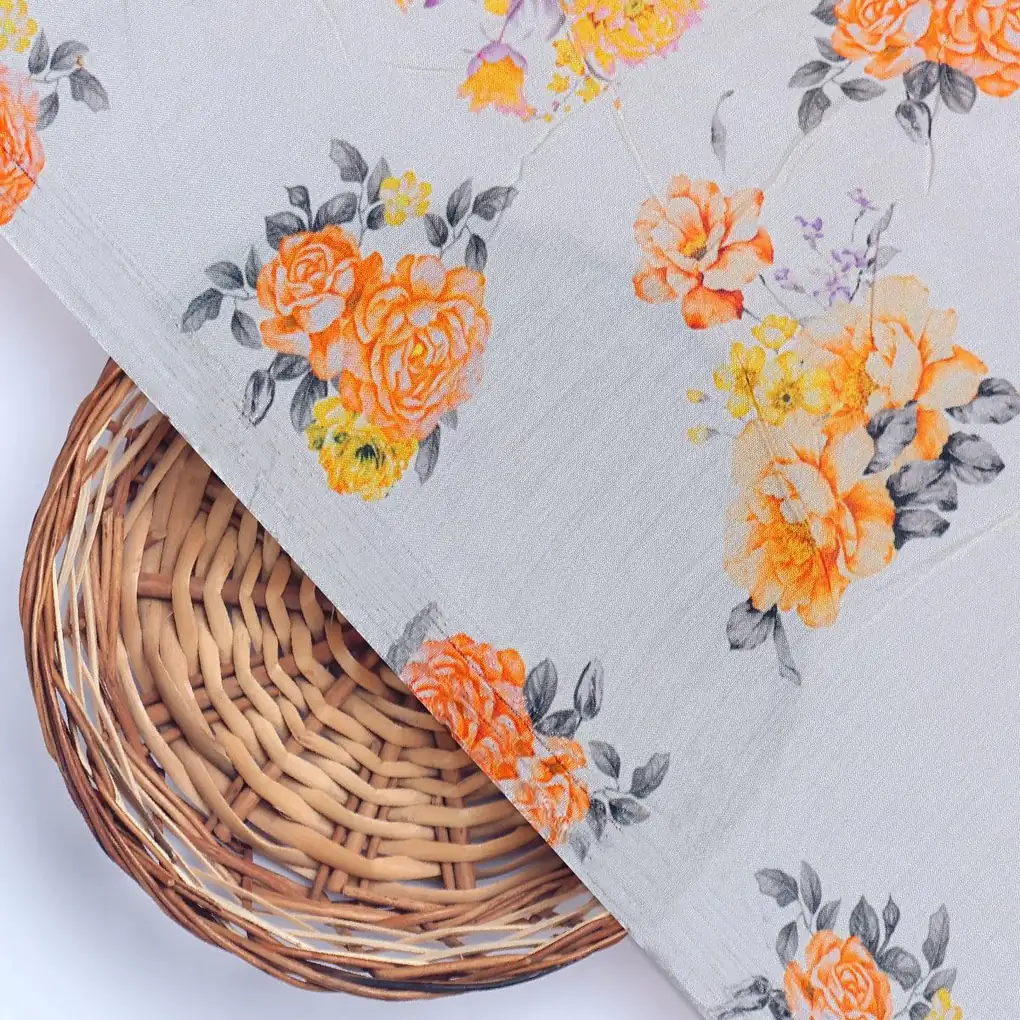 Yellow Lonicera Grey Leafs Digital Printed Fabric - Pure Muslin - Image 2