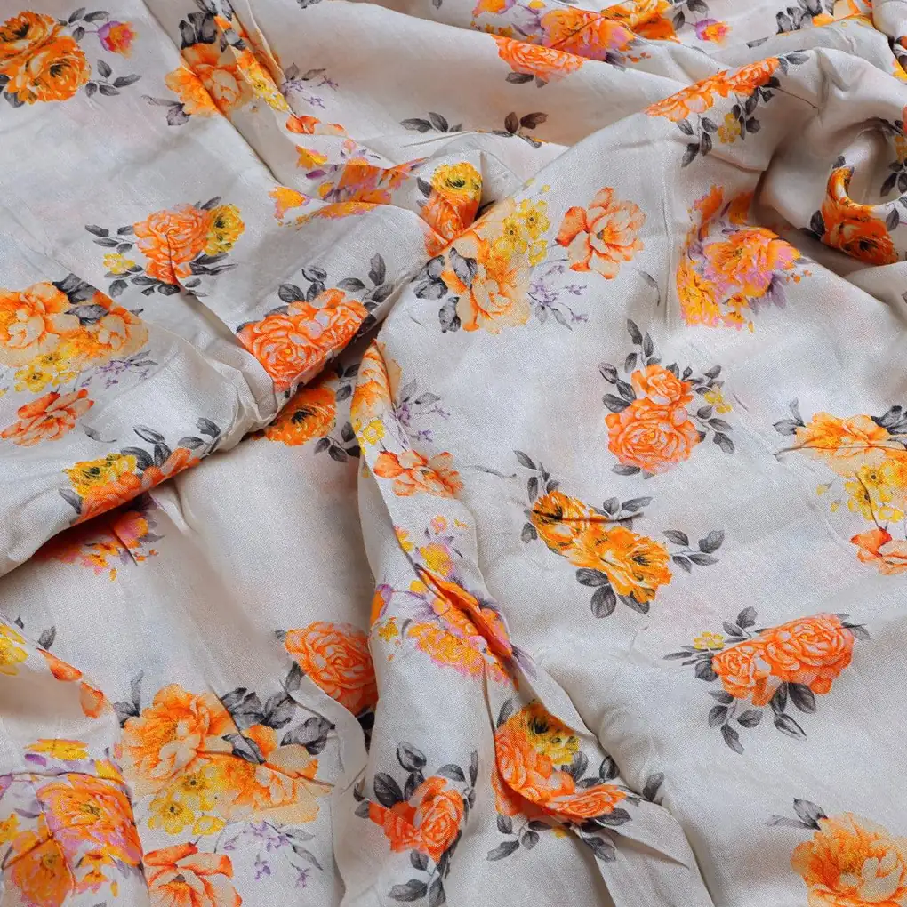 Yellow Lonicera Grey Leafs Digital Printed Fabric - Pure Muslin - Image 3