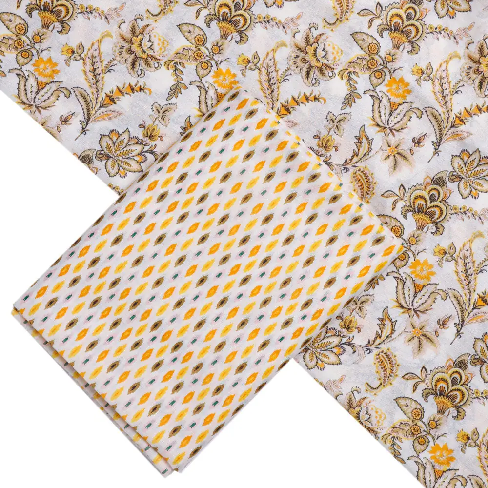 Yellow Mul Cotton Printed Unstitched Fabric Set (5 Meter Set) - Image 2