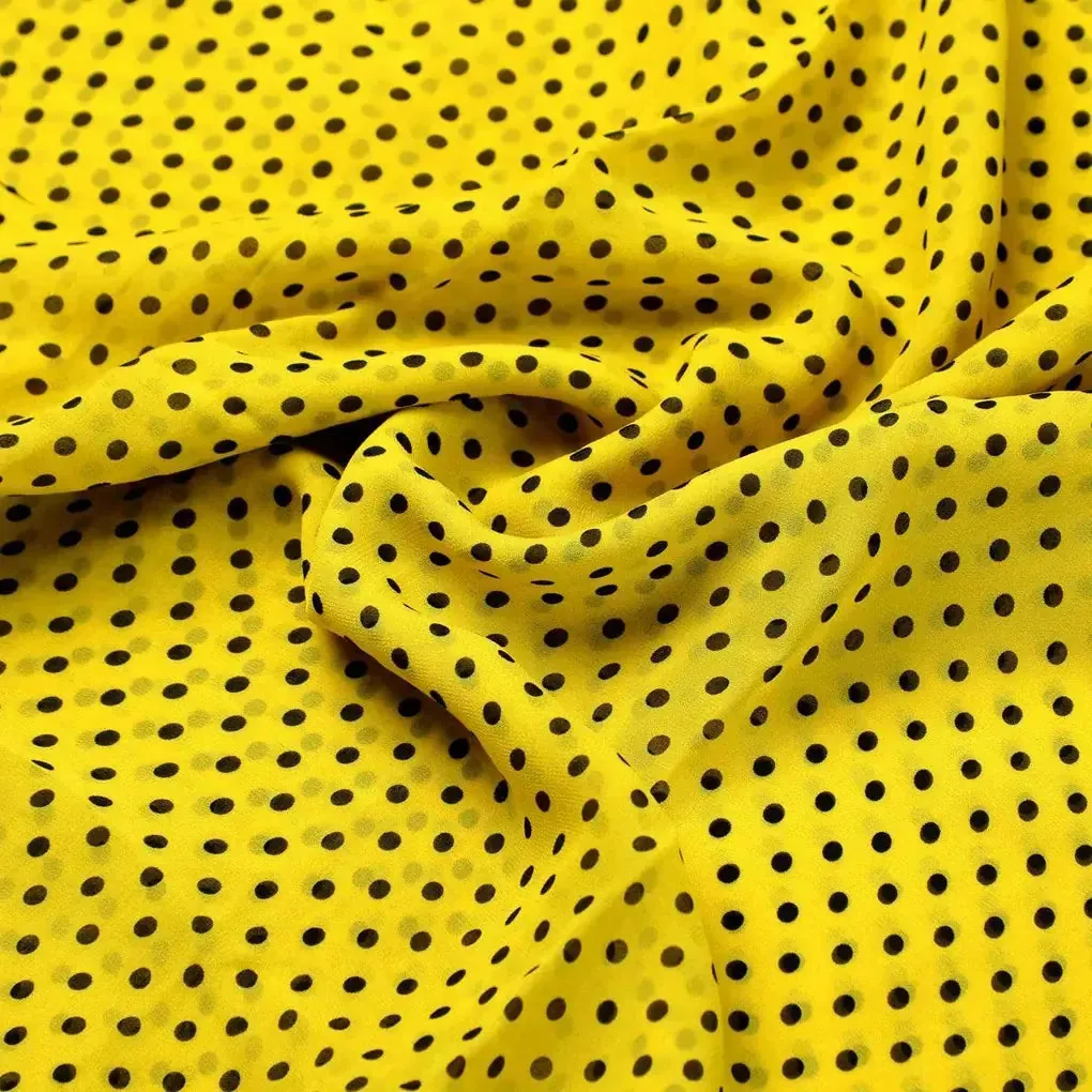 Yellow Polka Dot Digital Printed Fabric - Pure Georgette - Image 3