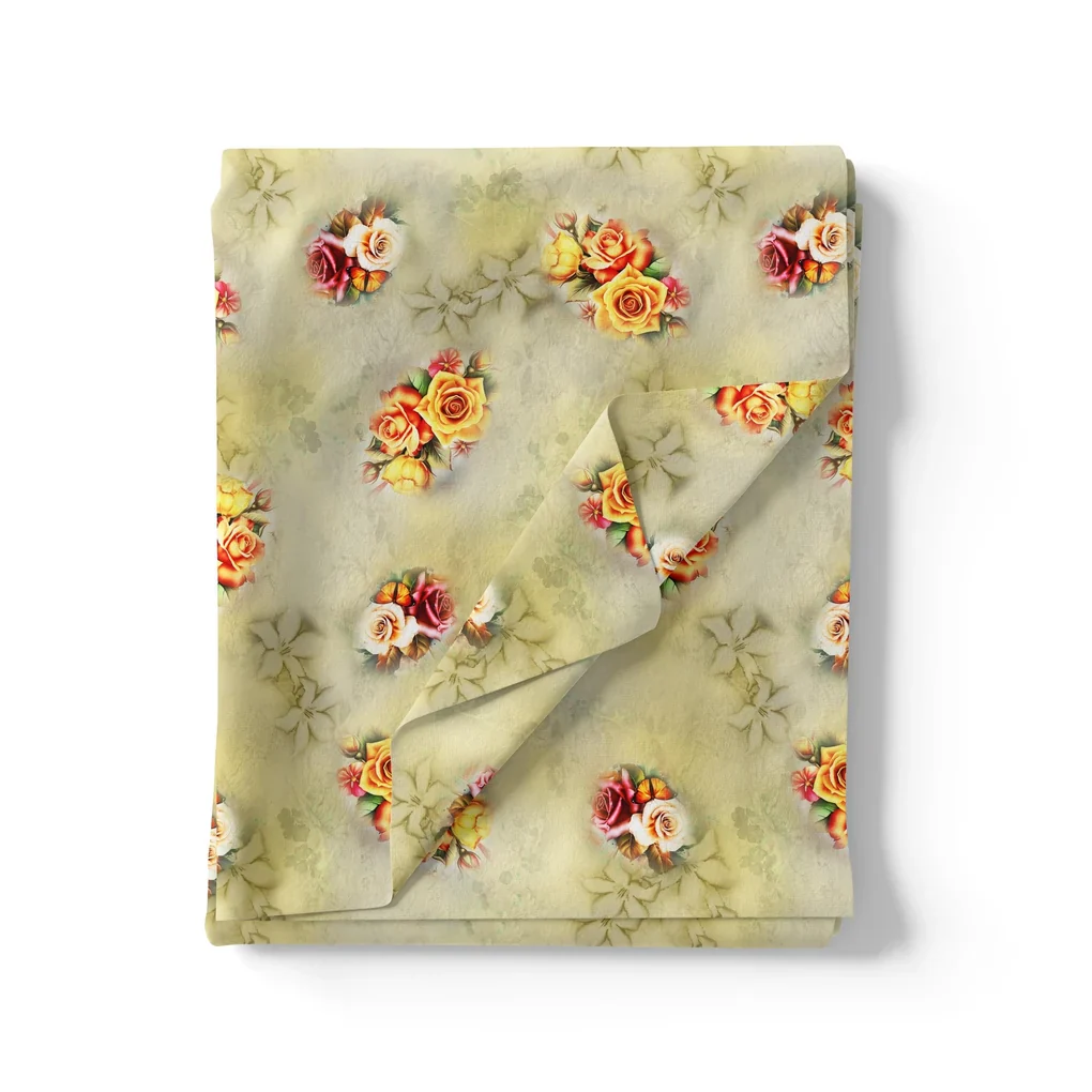 Yellow Roses Of Bunch Repeat Digital Printed Fabric - Silk Crepe - Image 3