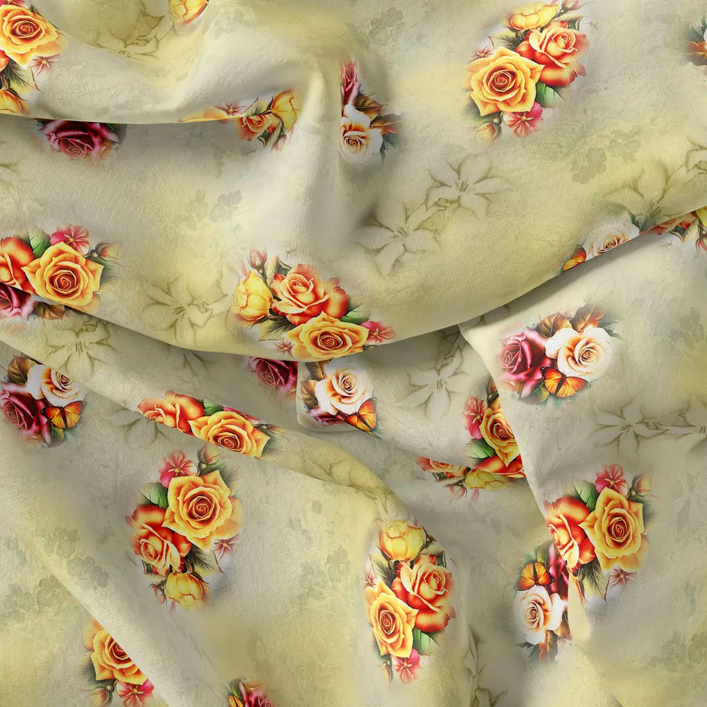 Yellow Roses Of Bunch Repeat Digital Printed Fabric - Silk Crepe - Image 4