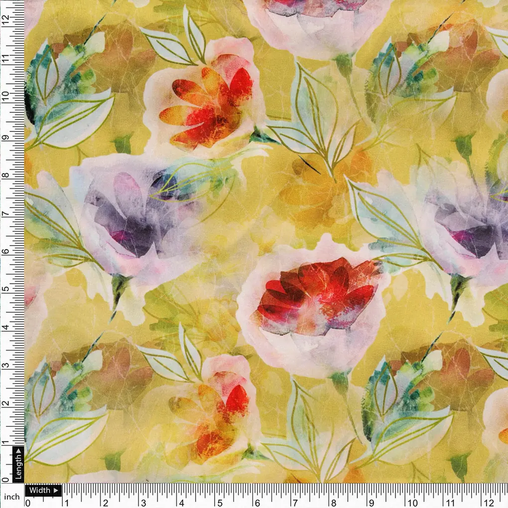 Yellow Watercolor Floral Printed Satin Fabric - Image 3